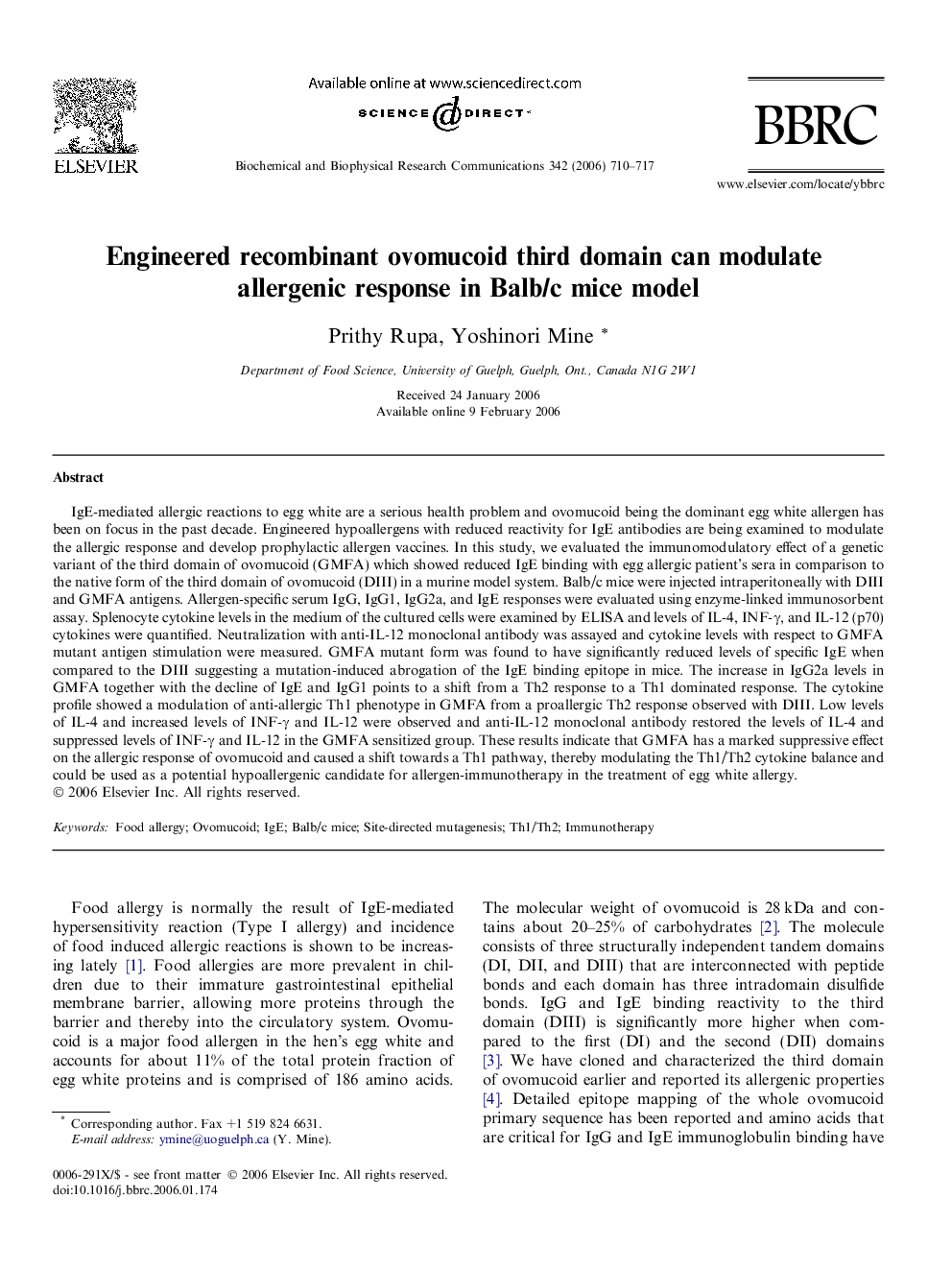 Engineered recombinant ovomucoid third domain can modulate allergenic response in Balb/c mice model