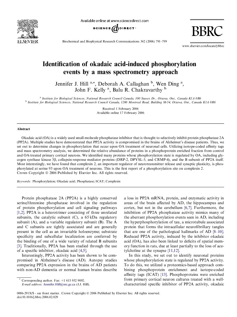 Identification of okadaic acid-induced phosphorylation events by a mass spectrometry approach