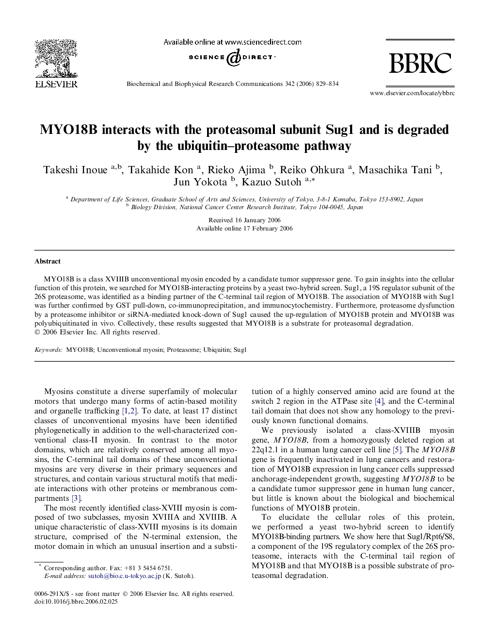 MYO18B interacts with the proteasomal subunit Sug1 and is degraded by the ubiquitin–proteasome pathway