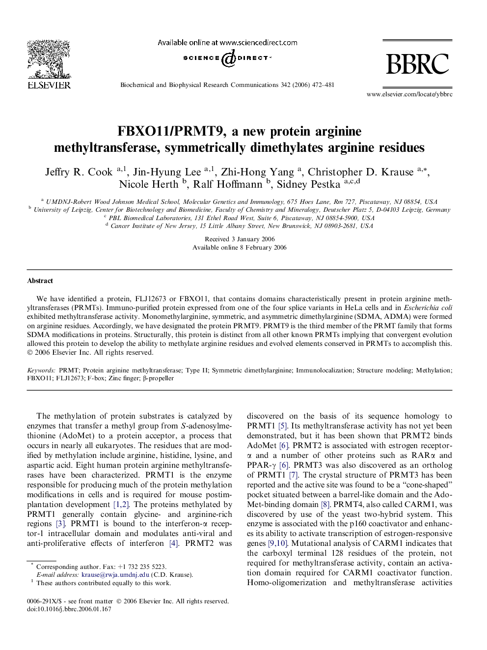 FBXO11/PRMT9, a new protein arginine methyltransferase, symmetrically dimethylates arginine residues