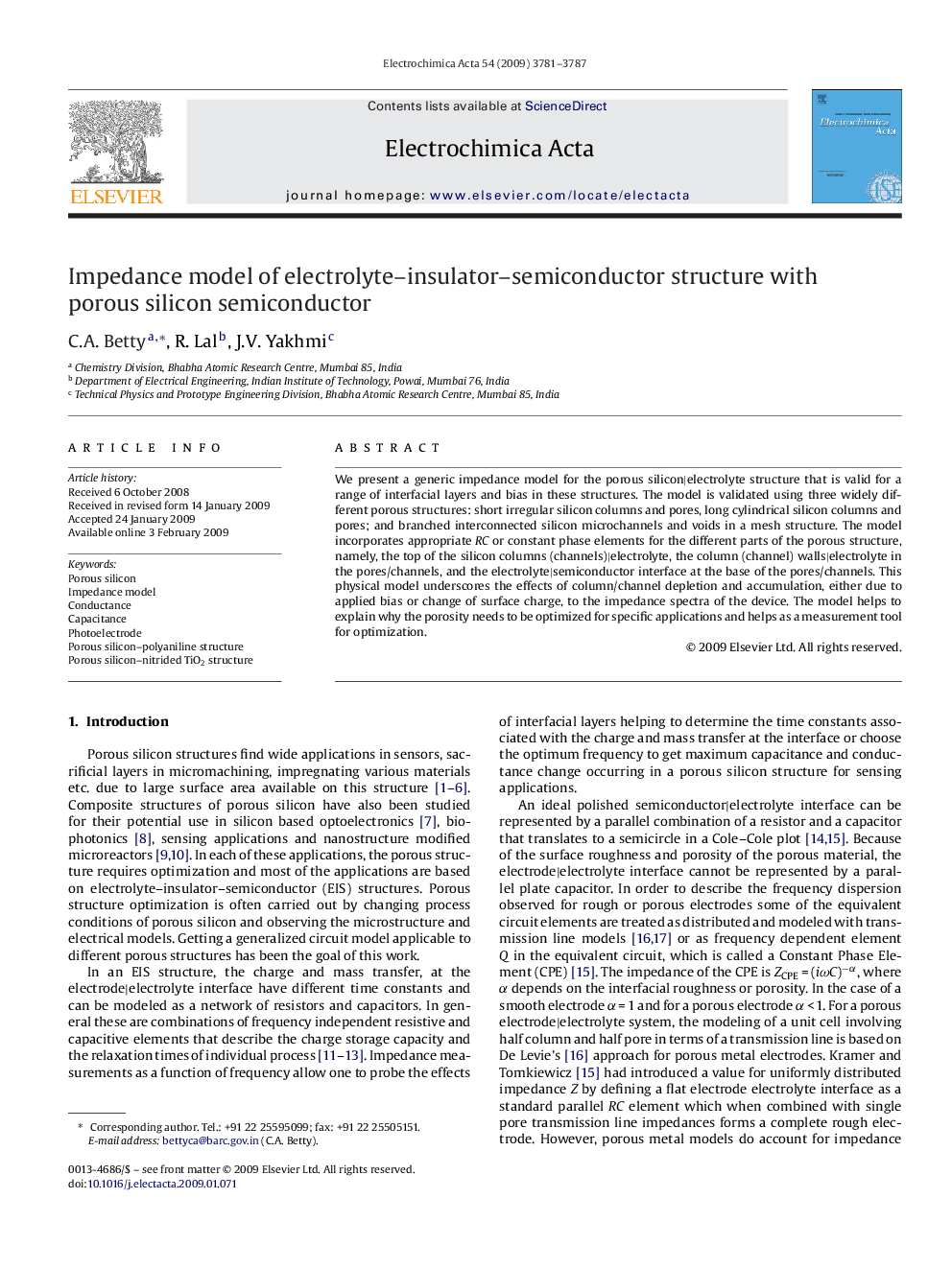 Impedance model of electrolyte–insulator–semiconductor structure with porous silicon semiconductor