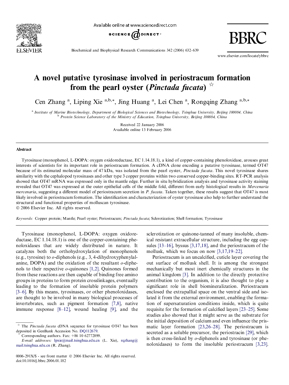 A novel putative tyrosinase involved in periostracum formation from the pearl oyster (Pinctada fucata) 