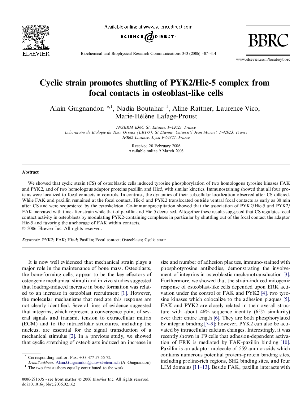 Cyclic strain promotes shuttling of PYK2/Hic-5 complex from focal contacts in osteoblast-like cells