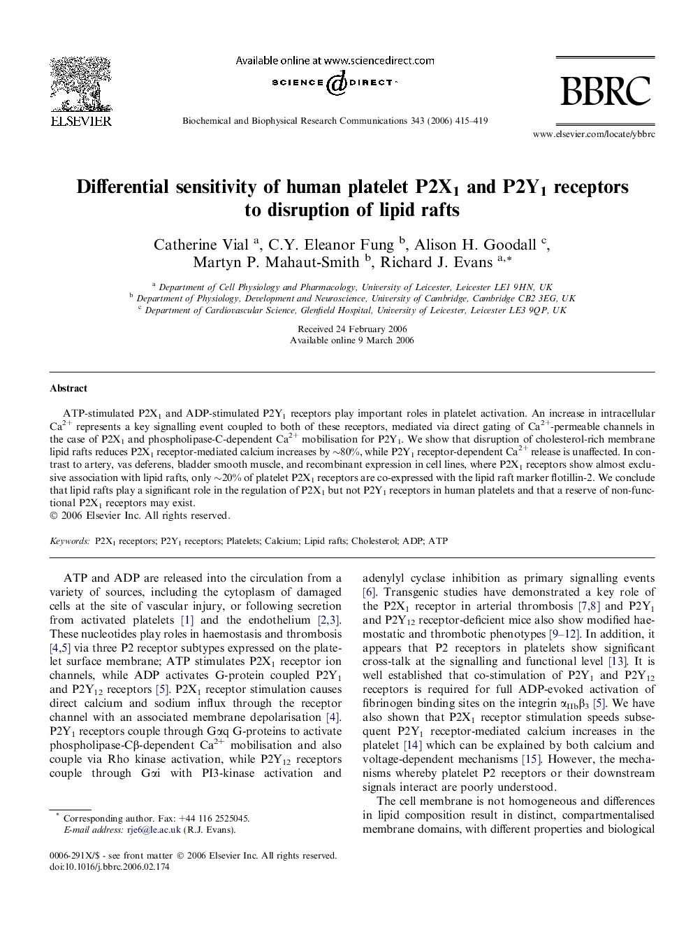 Differential sensitivity of human platelet P2X1 and P2Y1 receptors to disruption of lipid rafts