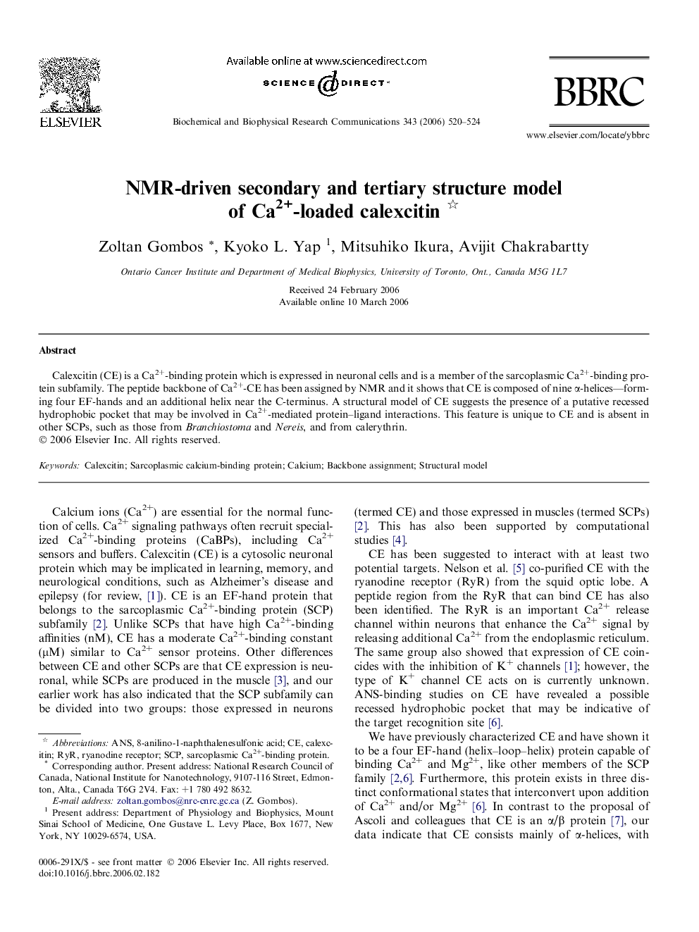 NMR-driven secondary and tertiary structure model of Ca2+-loaded calexcitin 