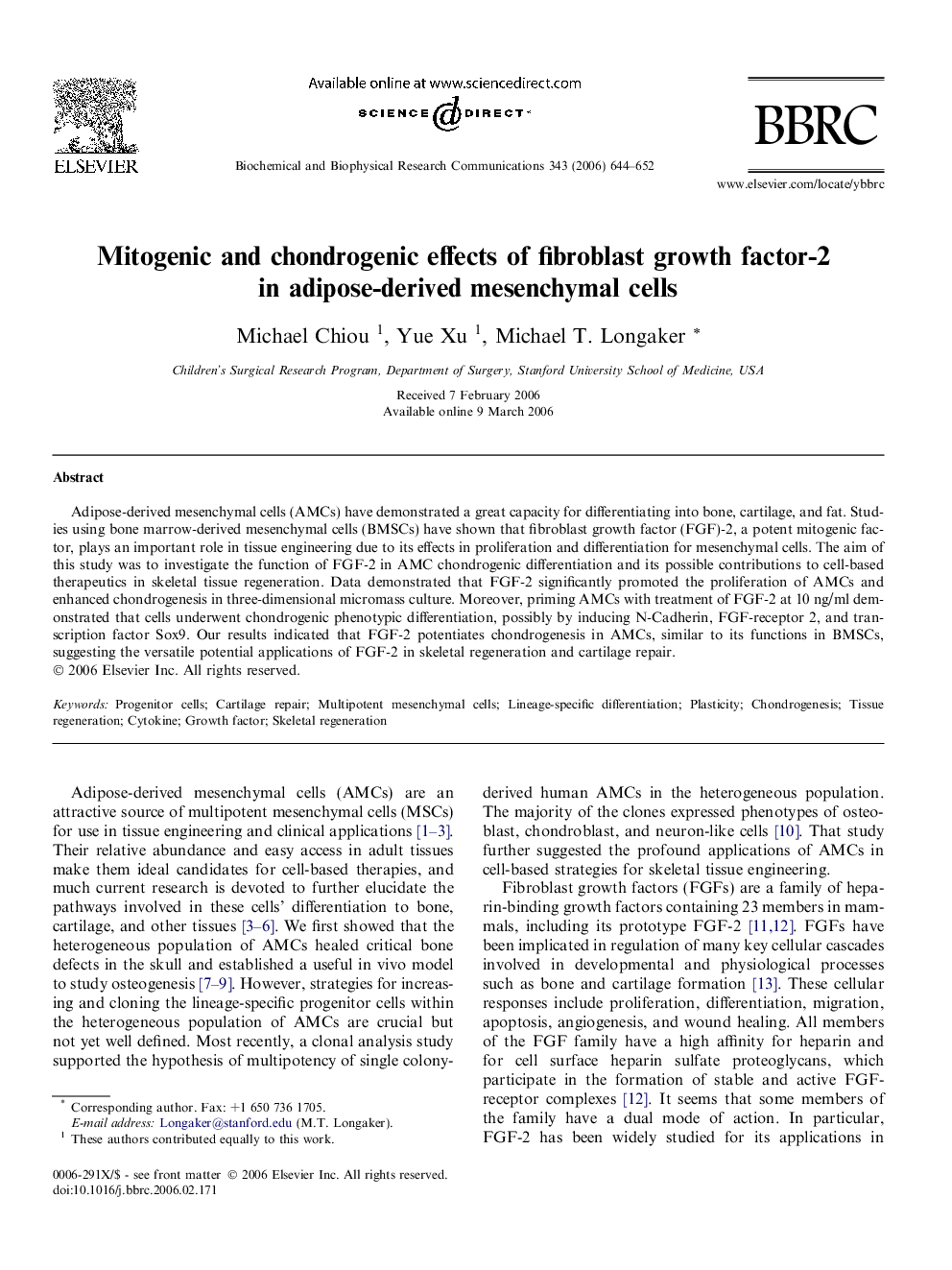 Mitogenic and chondrogenic effects of fibroblast growth factor-2 in adipose-derived mesenchymal cells