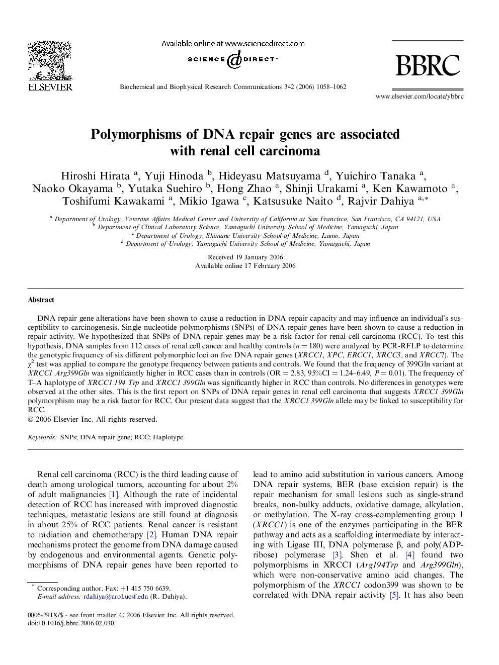 Polymorphisms of DNA repair genes are associated with renal cell carcinoma