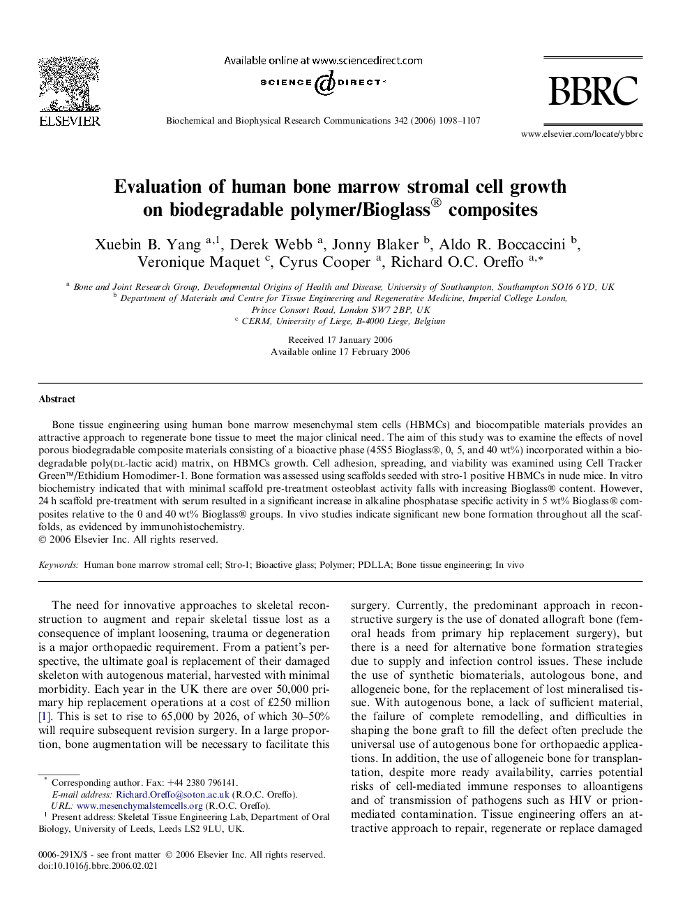 Evaluation of human bone marrow stromal cell growth on biodegradable polymer/Bioglass® composites