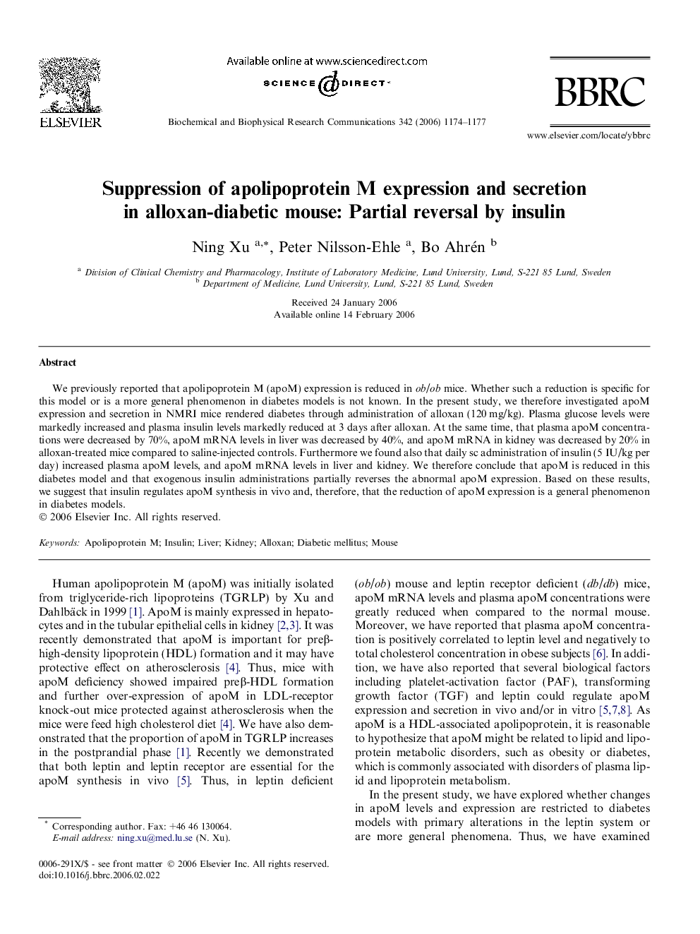 Suppression of apolipoprotein M expression and secretion in alloxan-diabetic mouse: Partial reversal by insulin