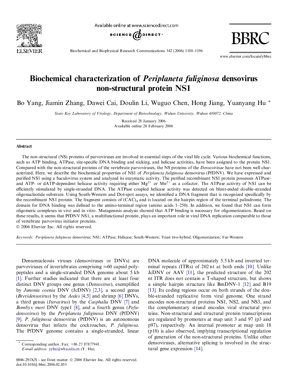 Biochemical characterization of Periplaneta fuliginosa densovirus non-structural protein NS1