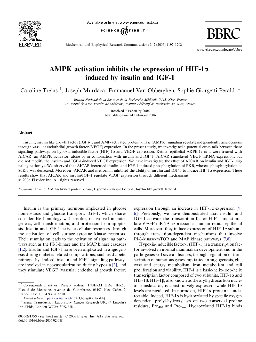 AMPK activation inhibits the expression of HIF-1α induced by insulin and IGF-1