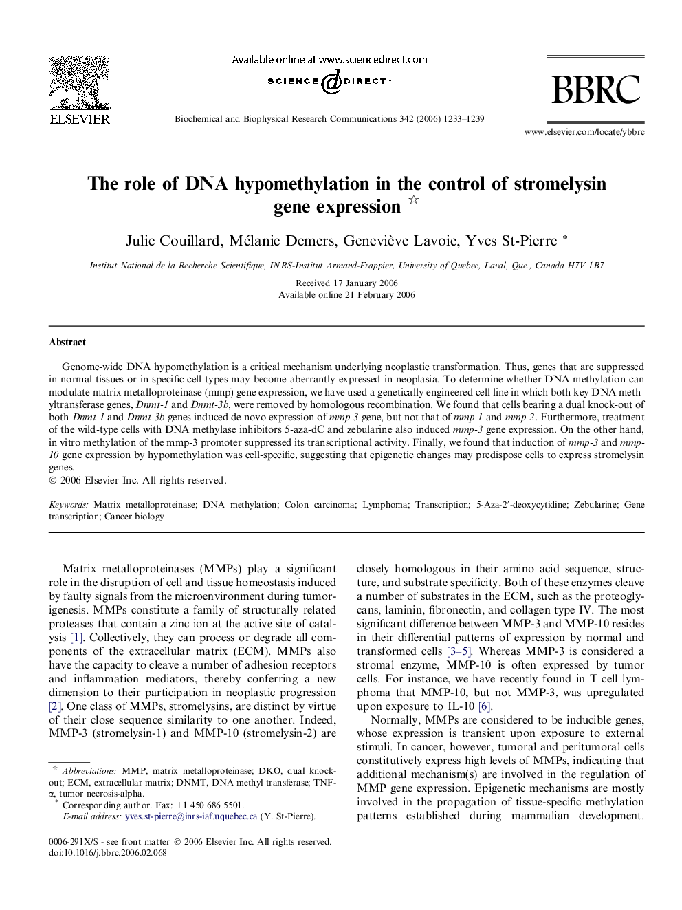 The role of DNA hypomethylation in the control of stromelysin gene expression 