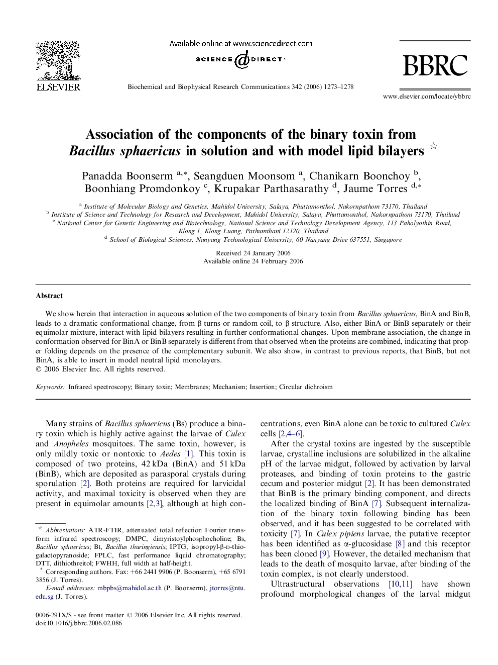 Association of the components of the binary toxin from Bacillus sphaericus in solution and with model lipid bilayers 