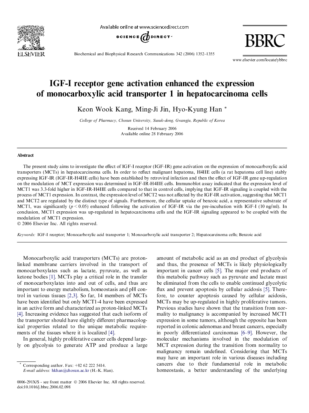 IGF-I receptor gene activation enhanced the expression of monocarboxylic acid transporter 1 in hepatocarcinoma cells