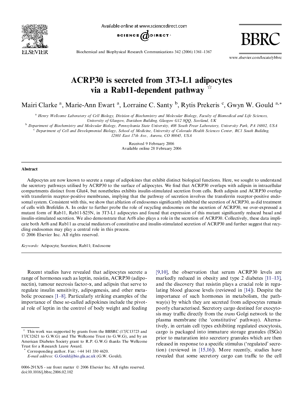 ACRP30 is secreted from 3T3-L1 adipocytes via a Rab11-dependent pathway 