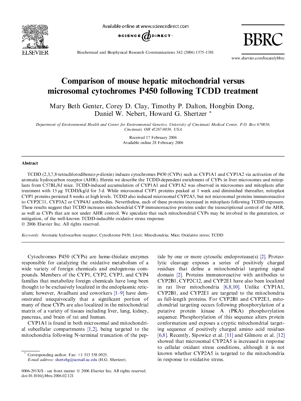 Comparison of mouse hepatic mitochondrial versus microsomal cytochromes P450 following TCDD treatment