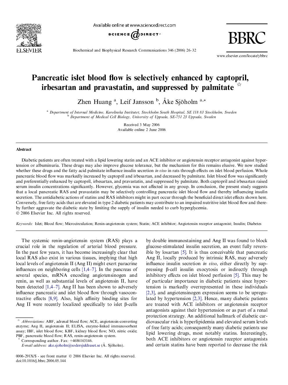 Pancreatic islet blood flow is selectively enhanced by captopril, irbesartan and pravastatin, and suppressed by palmitate 