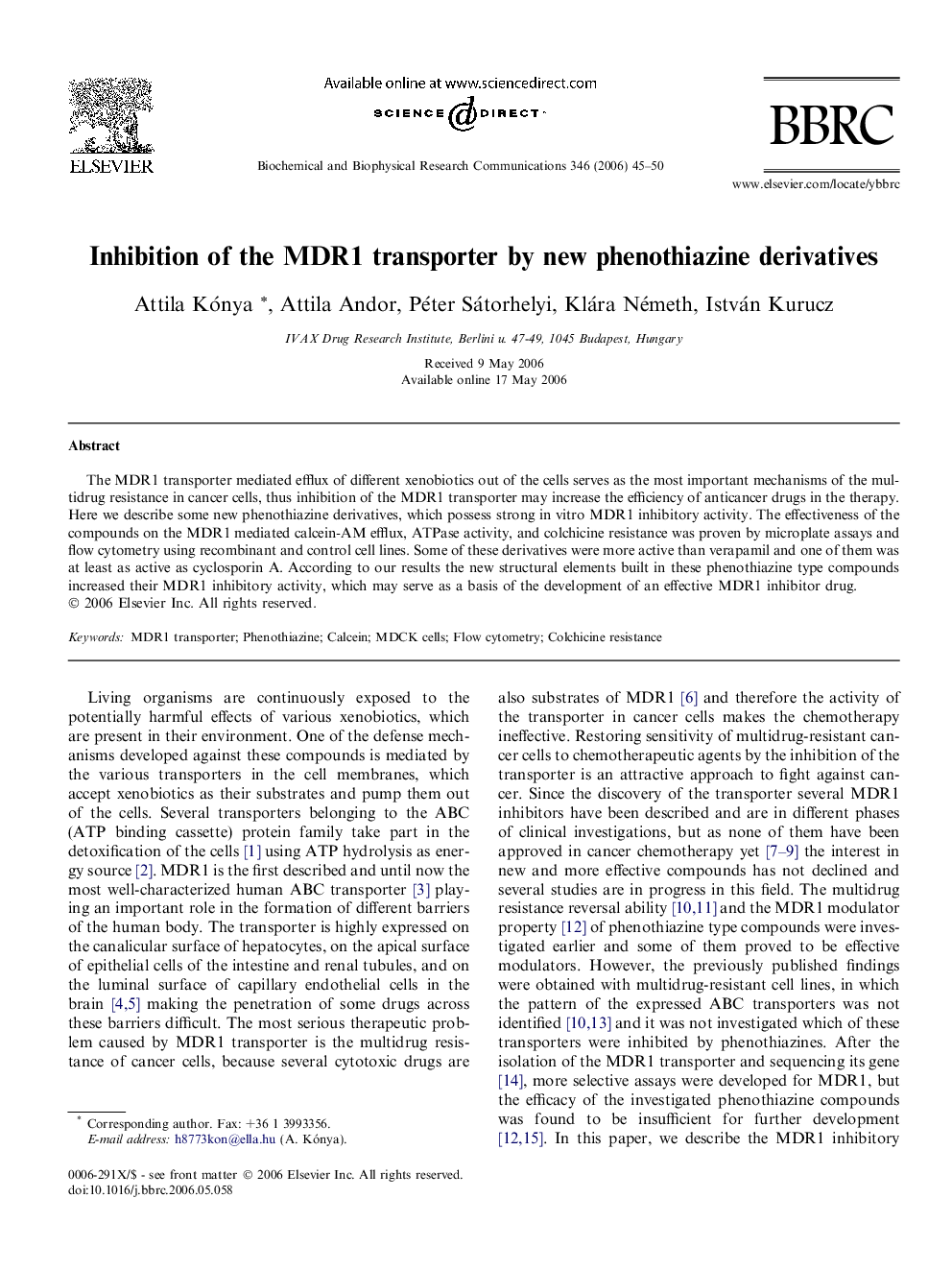 Inhibition of the MDR1 transporter by new phenothiazine derivatives