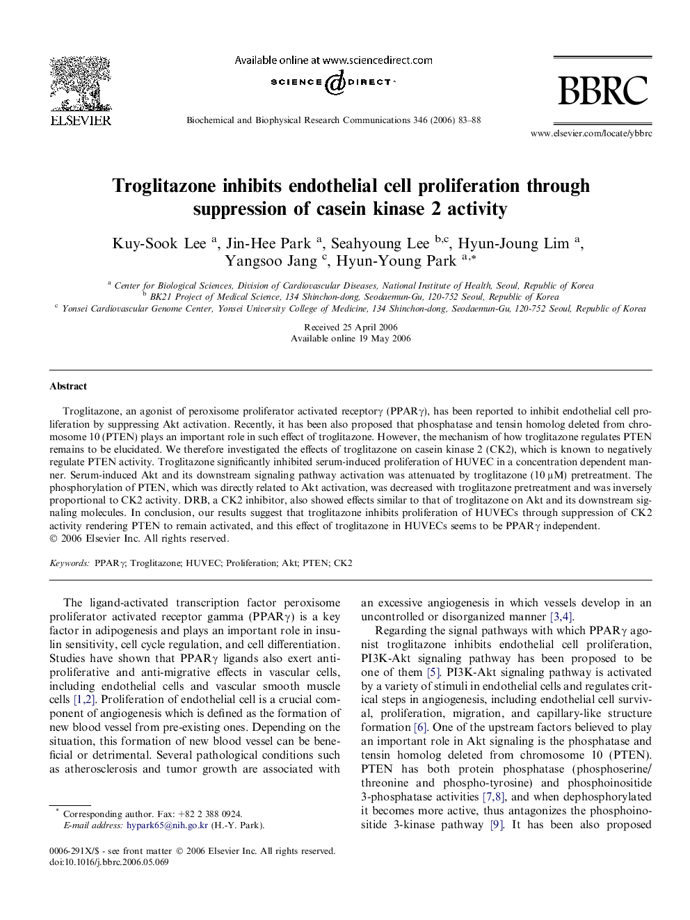 Troglitazone inhibits endothelial cell proliferation through suppression of casein kinase 2 activity