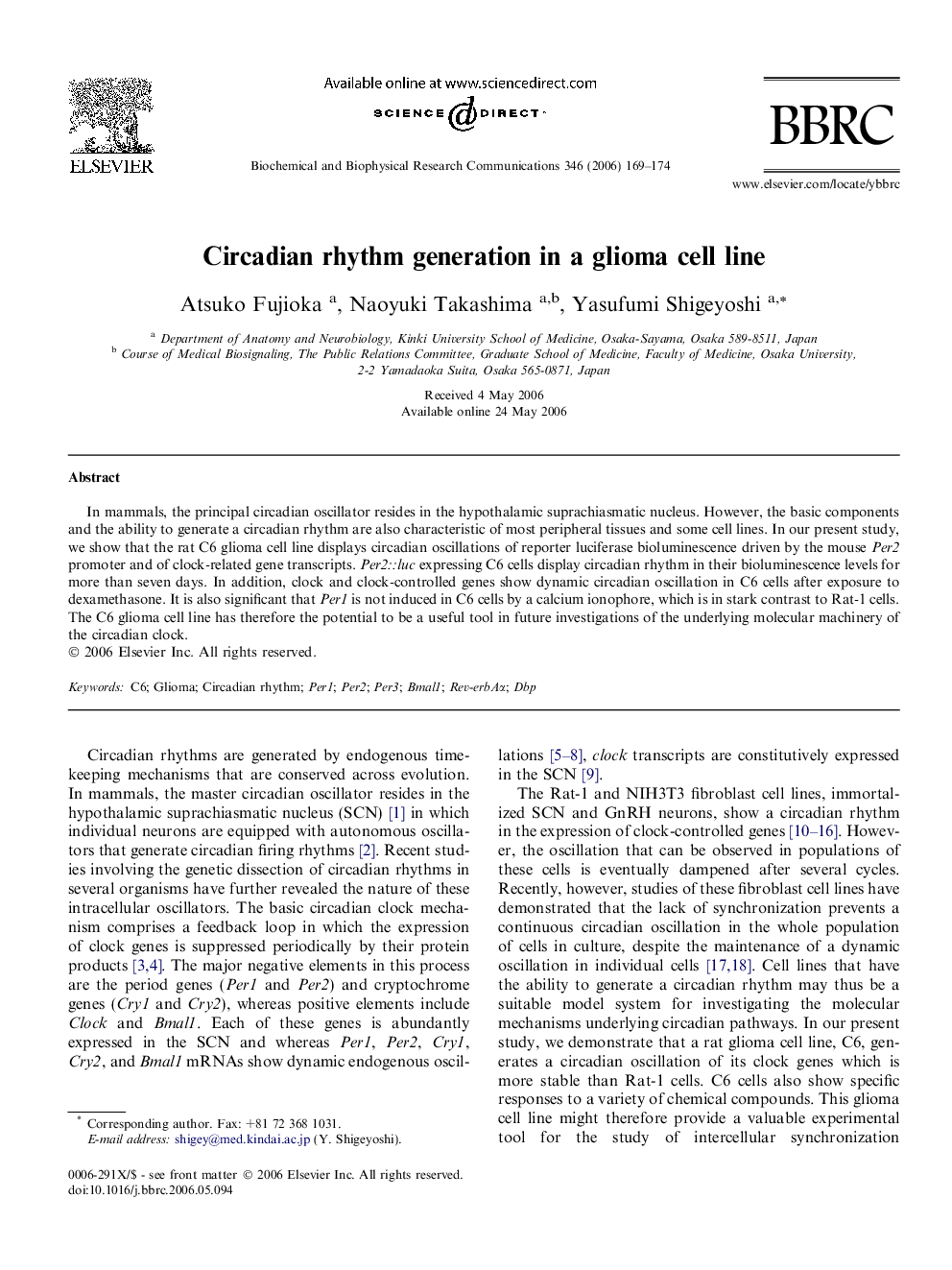 Circadian rhythm generation in a glioma cell line