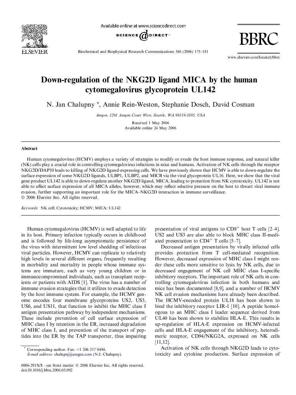 Down-regulation of the NKG2D ligand MICA by the human cytomegalovirus glycoprotein UL142