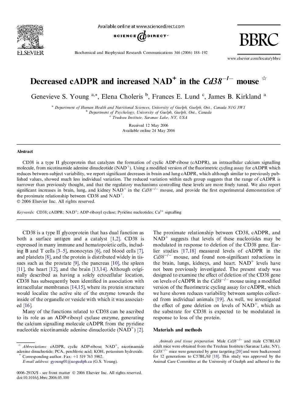 Decreased cADPR and increased NAD+ in the Cd38−/− mouse 