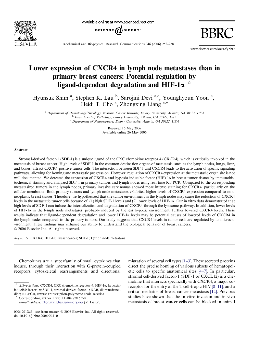 Lower expression of CXCR4 in lymph node metastases than in primary breast cancers: Potential regulation by ligand-dependent degradation and HIF-1α 