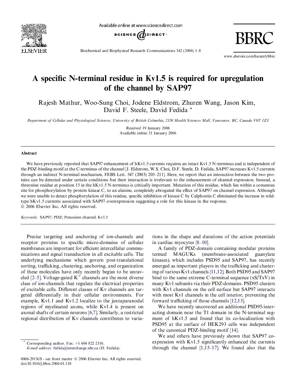 A specific N-terminal residue in Kv1.5 is required for upregulation of the channel by SAP97