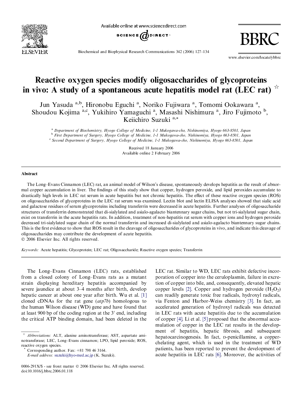 Reactive oxygen species modify oligosaccharides of glycoproteins in vivo: A study of a spontaneous acute hepatitis model rat (LEC rat) 