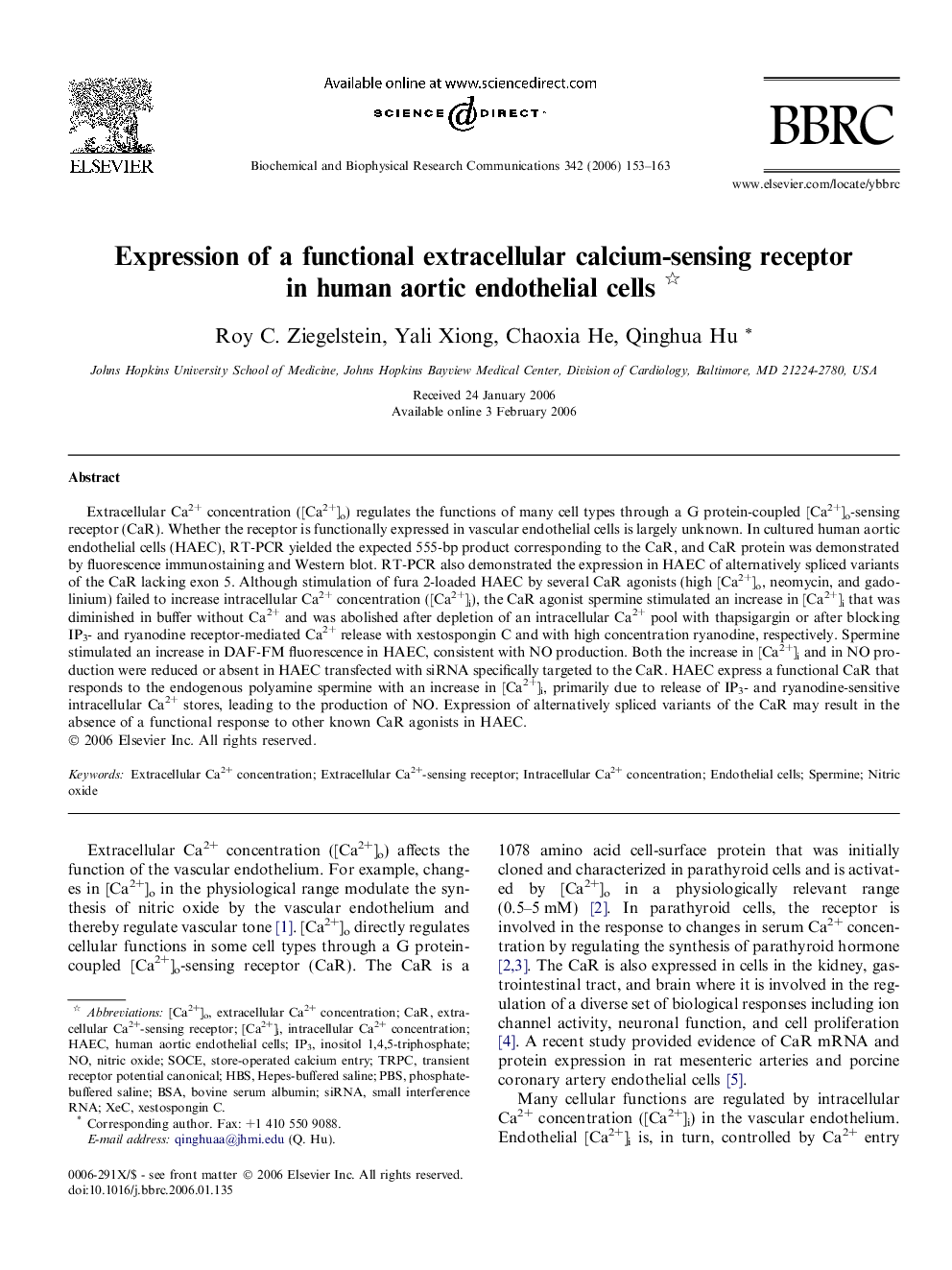 Expression of a functional extracellular calcium-sensing receptor in human aortic endothelial cells 