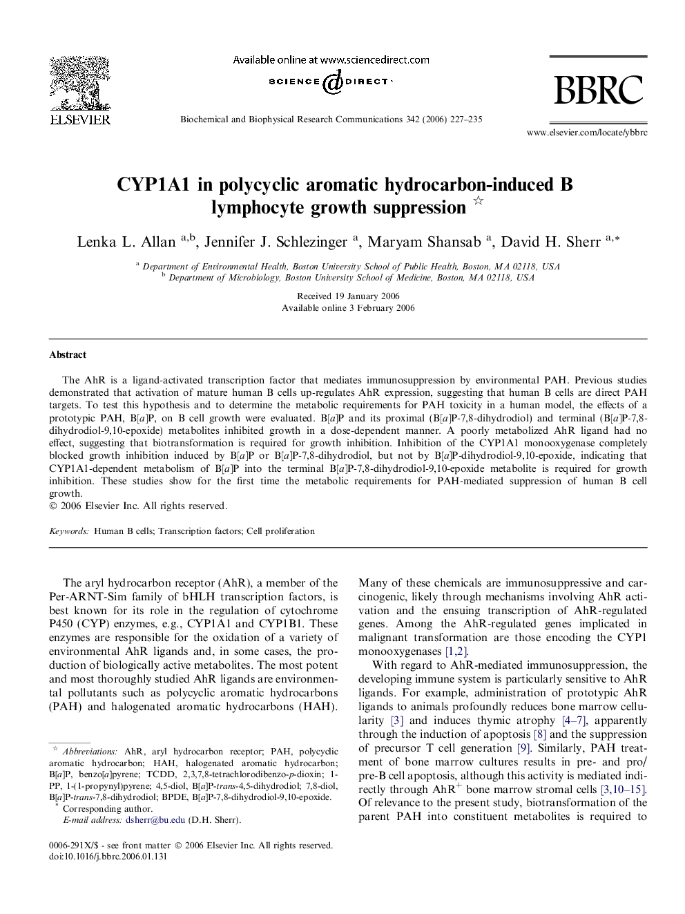 CYP1A1 in polycyclic aromatic hydrocarbon-induced B lymphocyte growth suppression 
