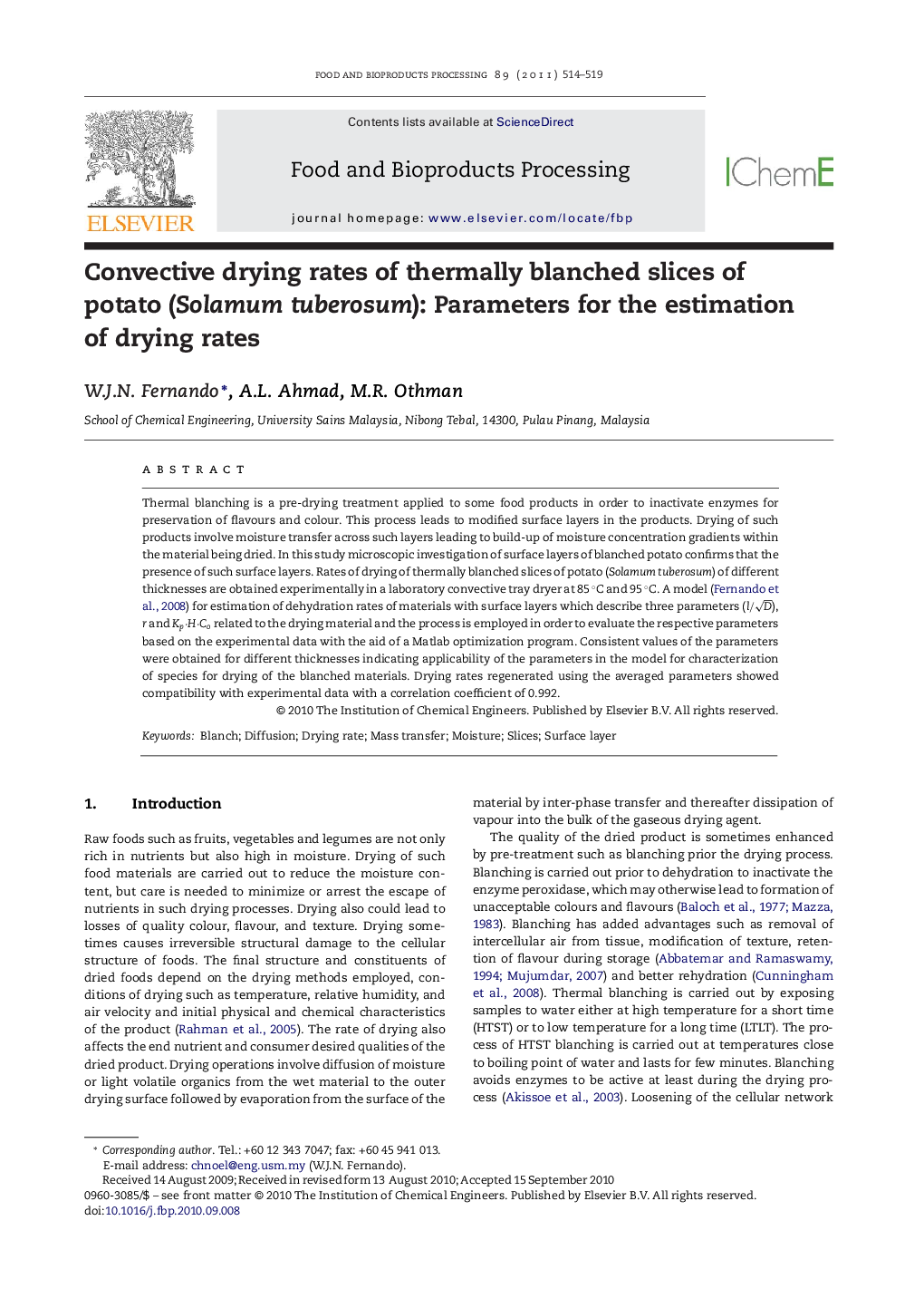 Convective drying rates of thermally blanched slices of potato (Solamum tuberosum): Parameters for the estimation of drying rates