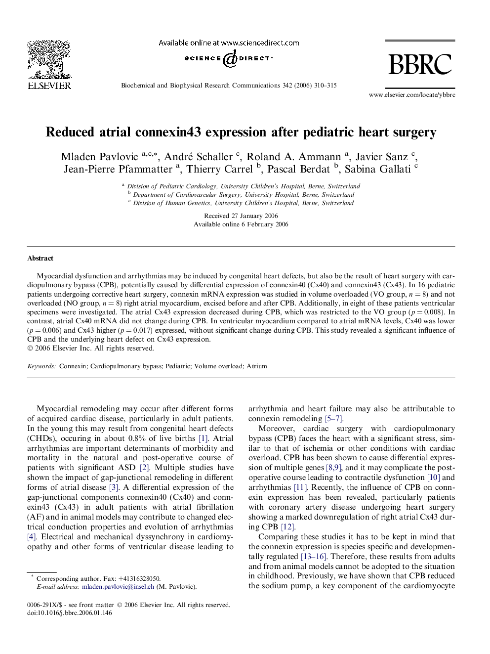 Reduced atrial connexin43 expression after pediatric heart surgery