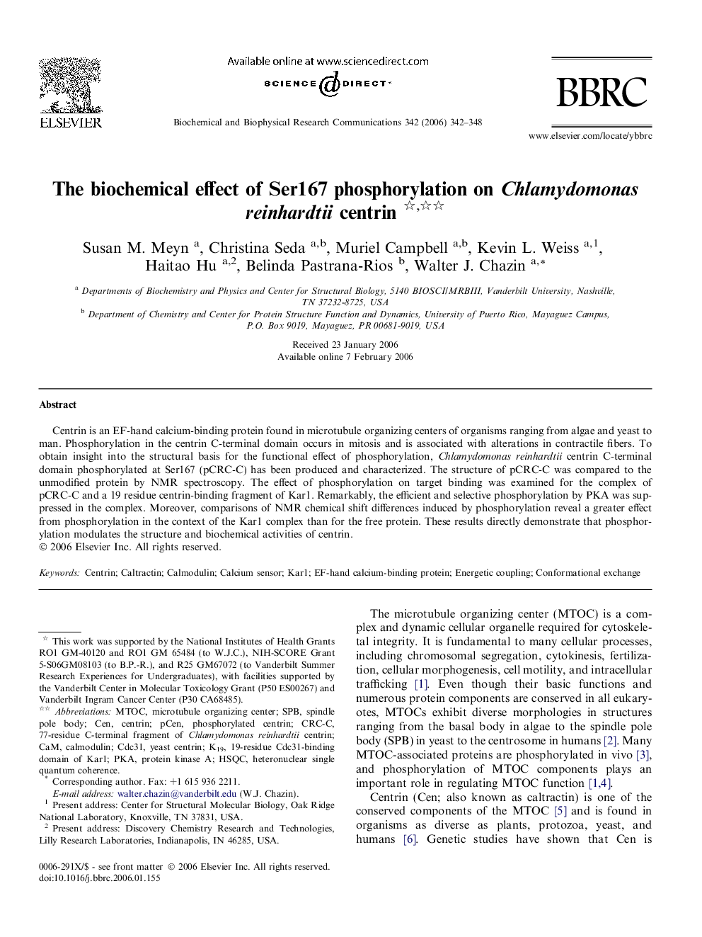 The biochemical effect of Ser167 phosphorylation on Chlamydomonas reinhardtii centrin