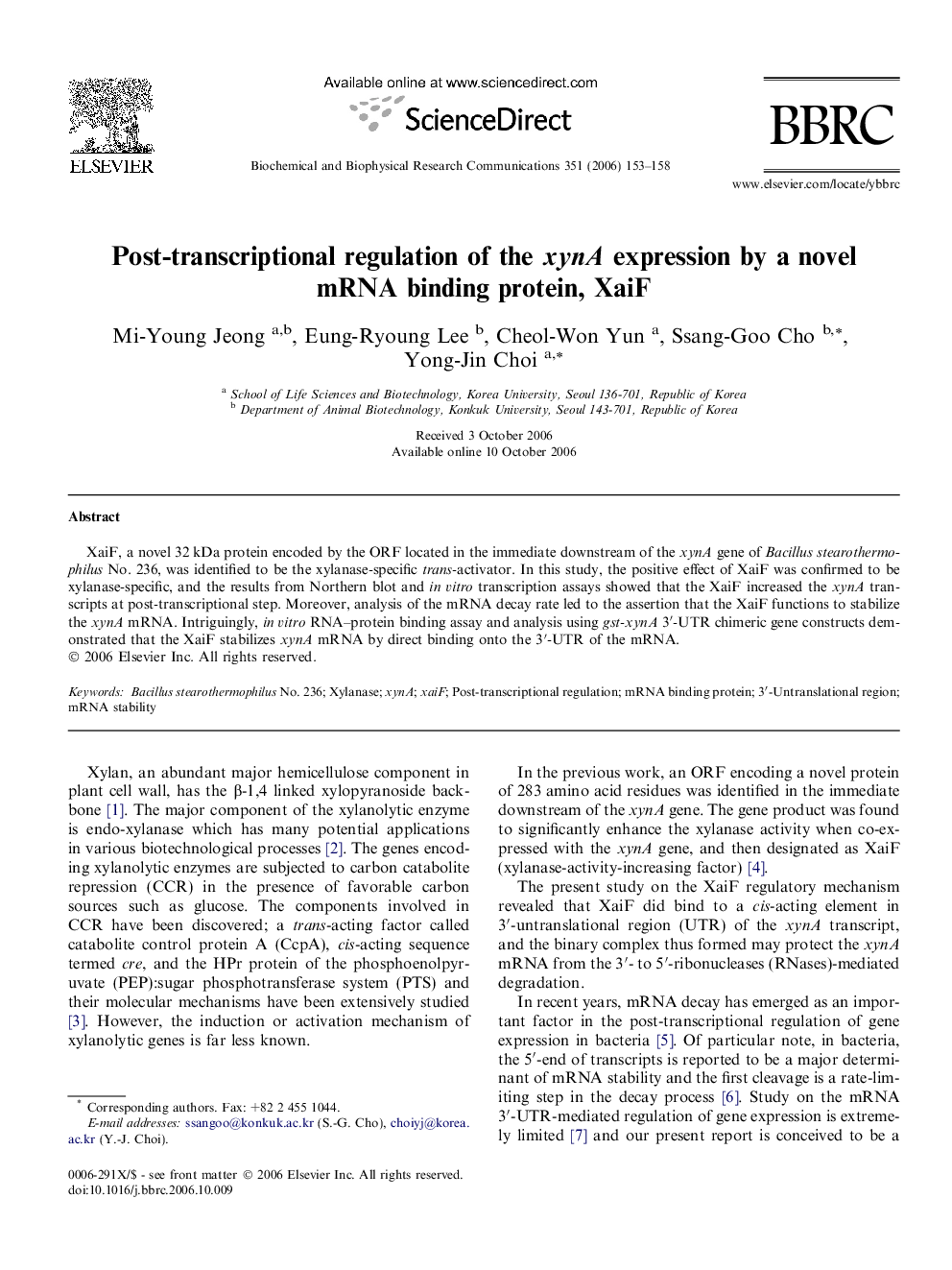 Post-transcriptional regulation of the xynA expression by a novel mRNA binding protein, XaiF