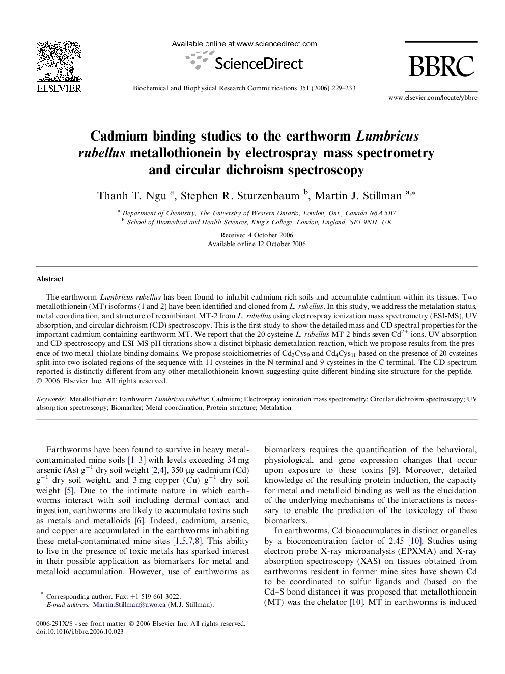 Cadmium binding studies to the earthworm Lumbricus rubellus metallothionein by electrospray mass spectrometry and circular dichroism spectroscopy