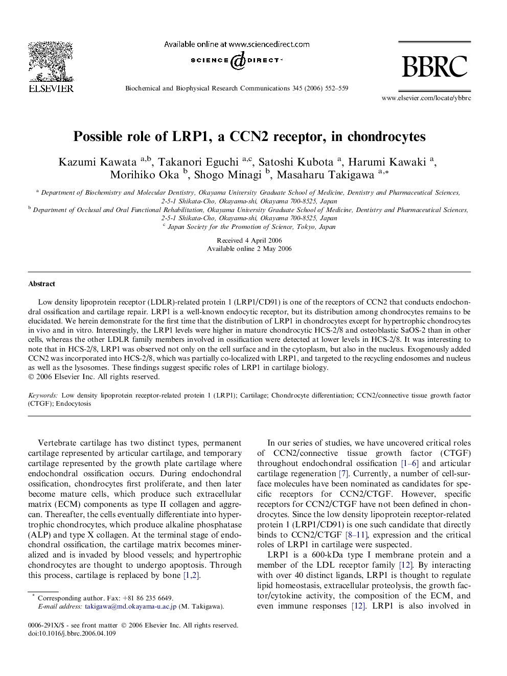 Possible role of LRP1, a CCN2 receptor, in chondrocytes