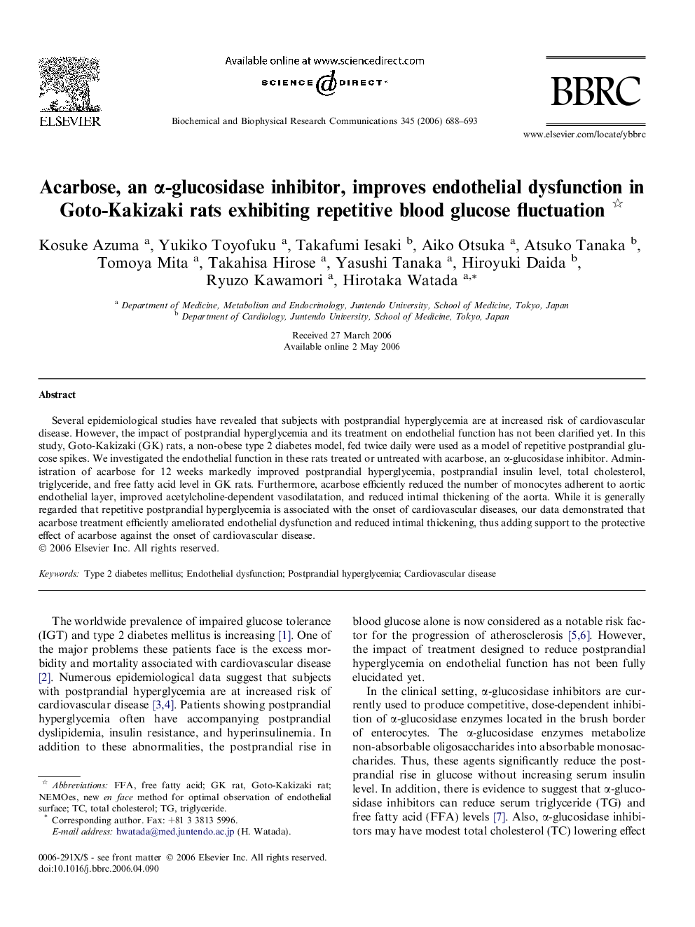 Acarbose, an α-glucosidase inhibitor, improves endothelial dysfunction in Goto-Kakizaki rats exhibiting repetitive blood glucose fluctuation 