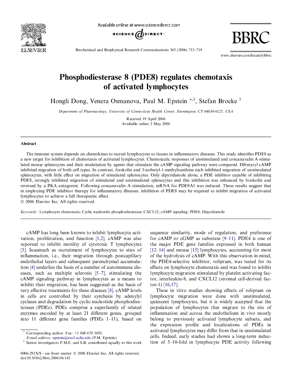 Phosphodiesterase 8 (PDE8) regulates chemotaxis of activated lymphocytes