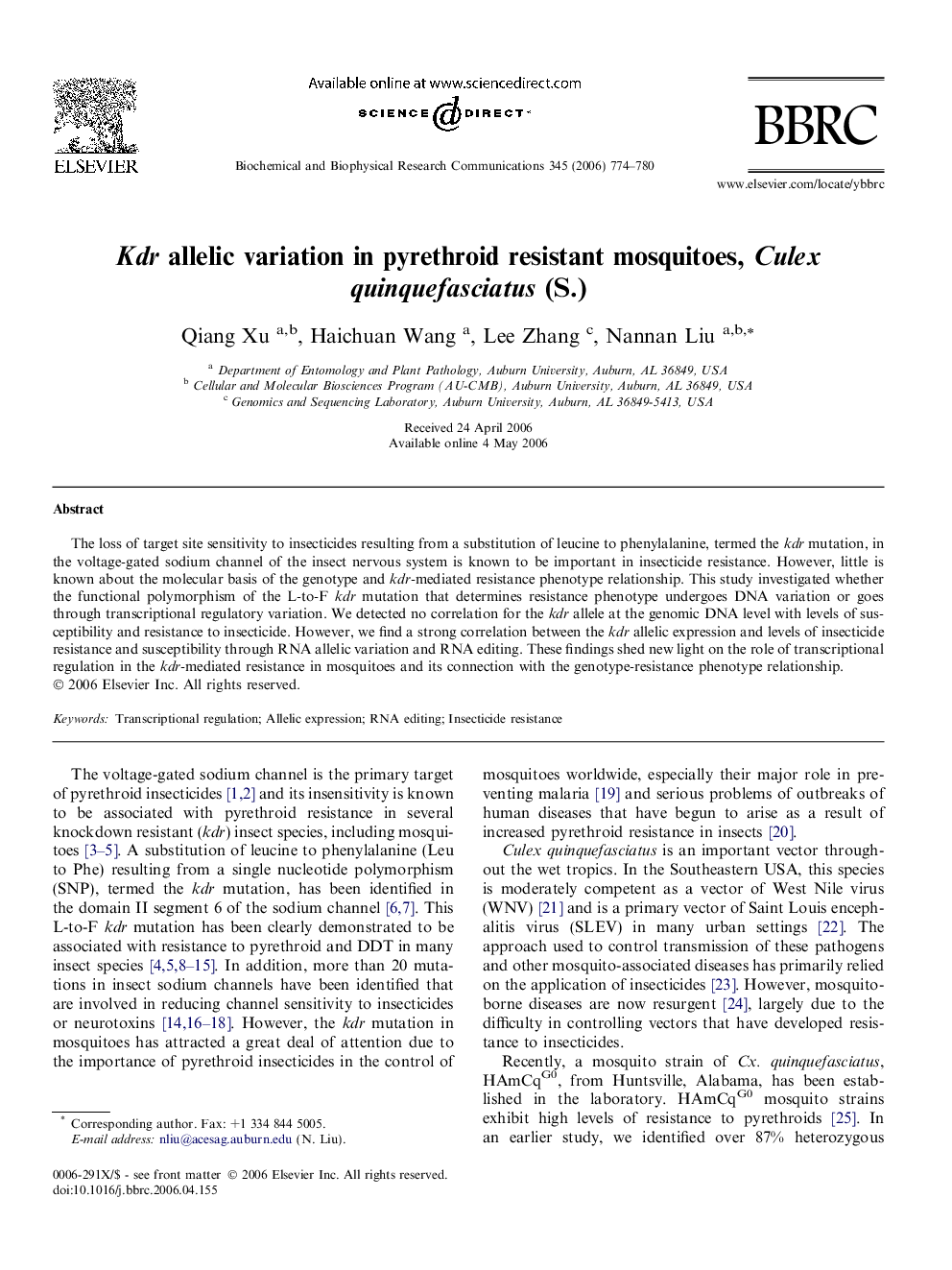 Kdr allelic variation in pyrethroid resistant mosquitoes, Culex quinquefasciatus (S.)