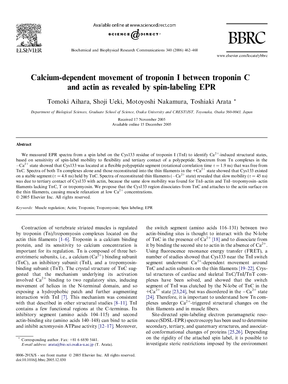 Calcium-dependent movement of troponin I between troponin C and actin as revealed by spin-labeling EPR