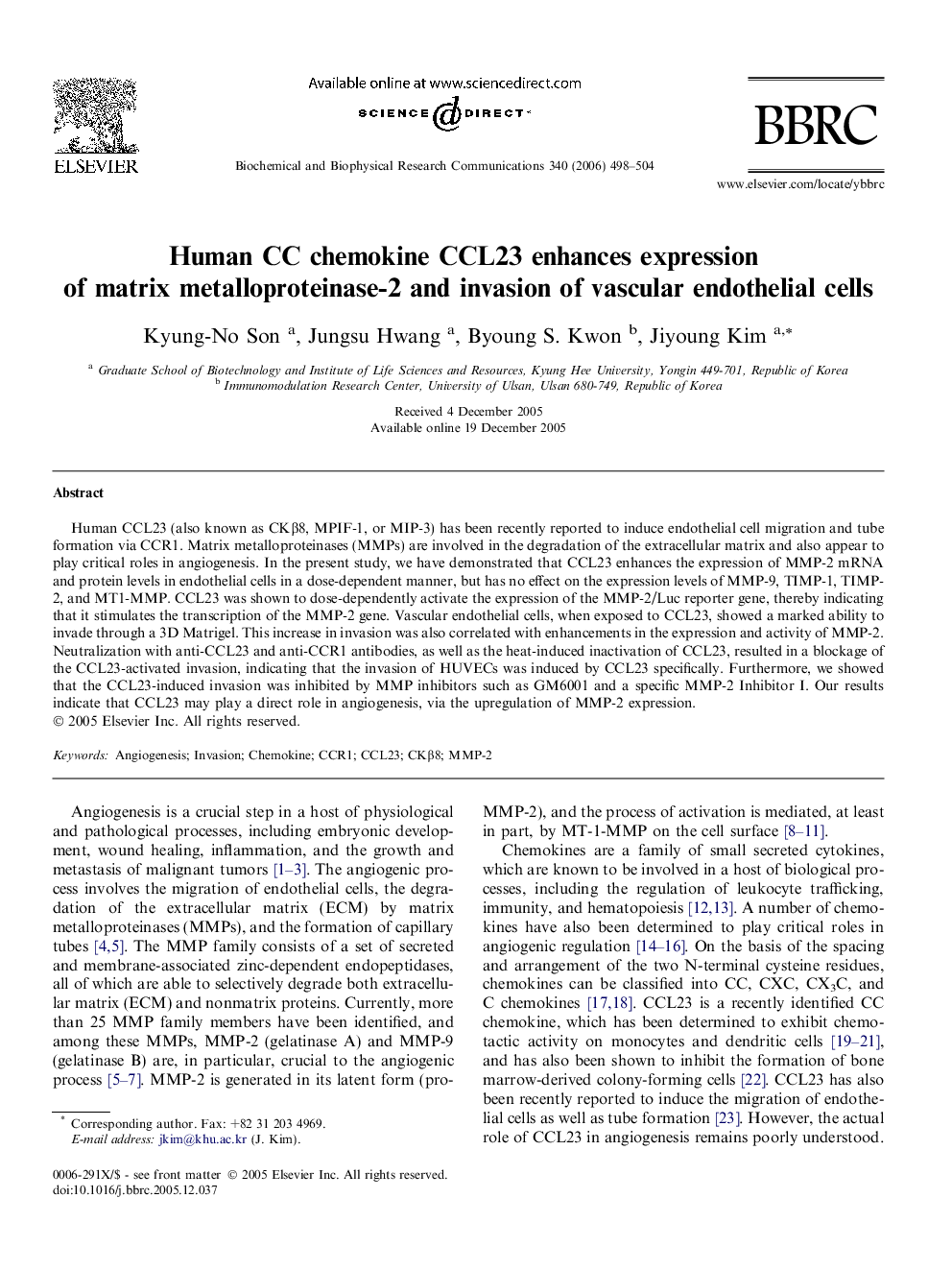 Human CC chemokine CCL23 enhances expression of matrix metalloproteinase-2 and invasion of vascular endothelial cells