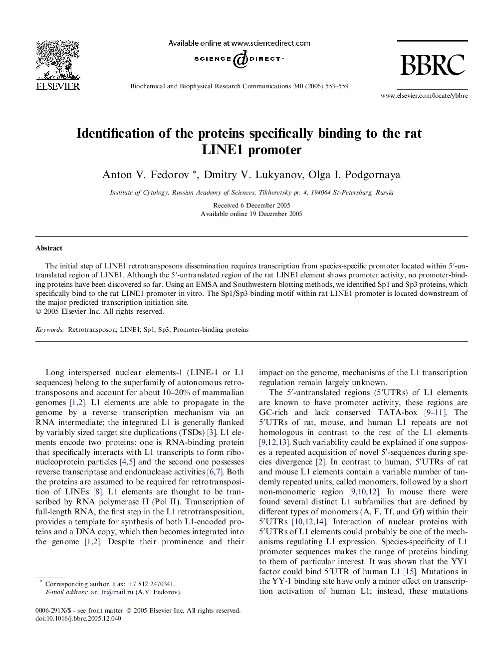 Identification of the proteins specifically binding to the rat LINE1 promoter