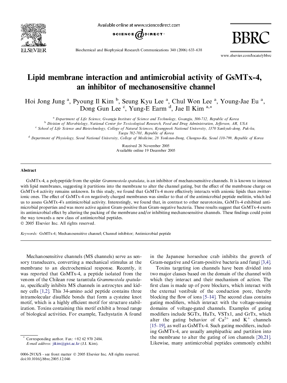 Lipid membrane interaction and antimicrobial activity of GsMTx-4, an inhibitor of mechanosensitive channel