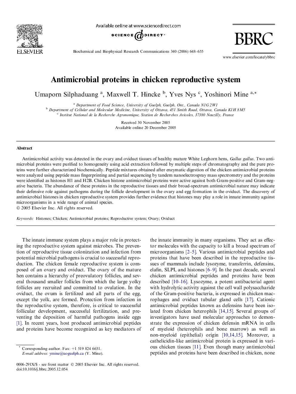 Antimicrobial proteins in chicken reproductive system