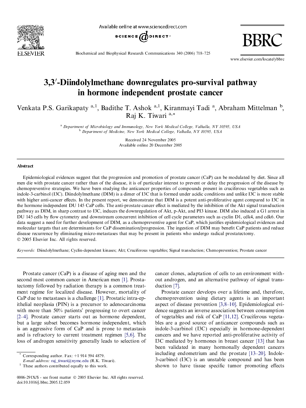 3,3′-Diindolylmethane downregulates pro-survival pathway in hormone independent prostate cancer