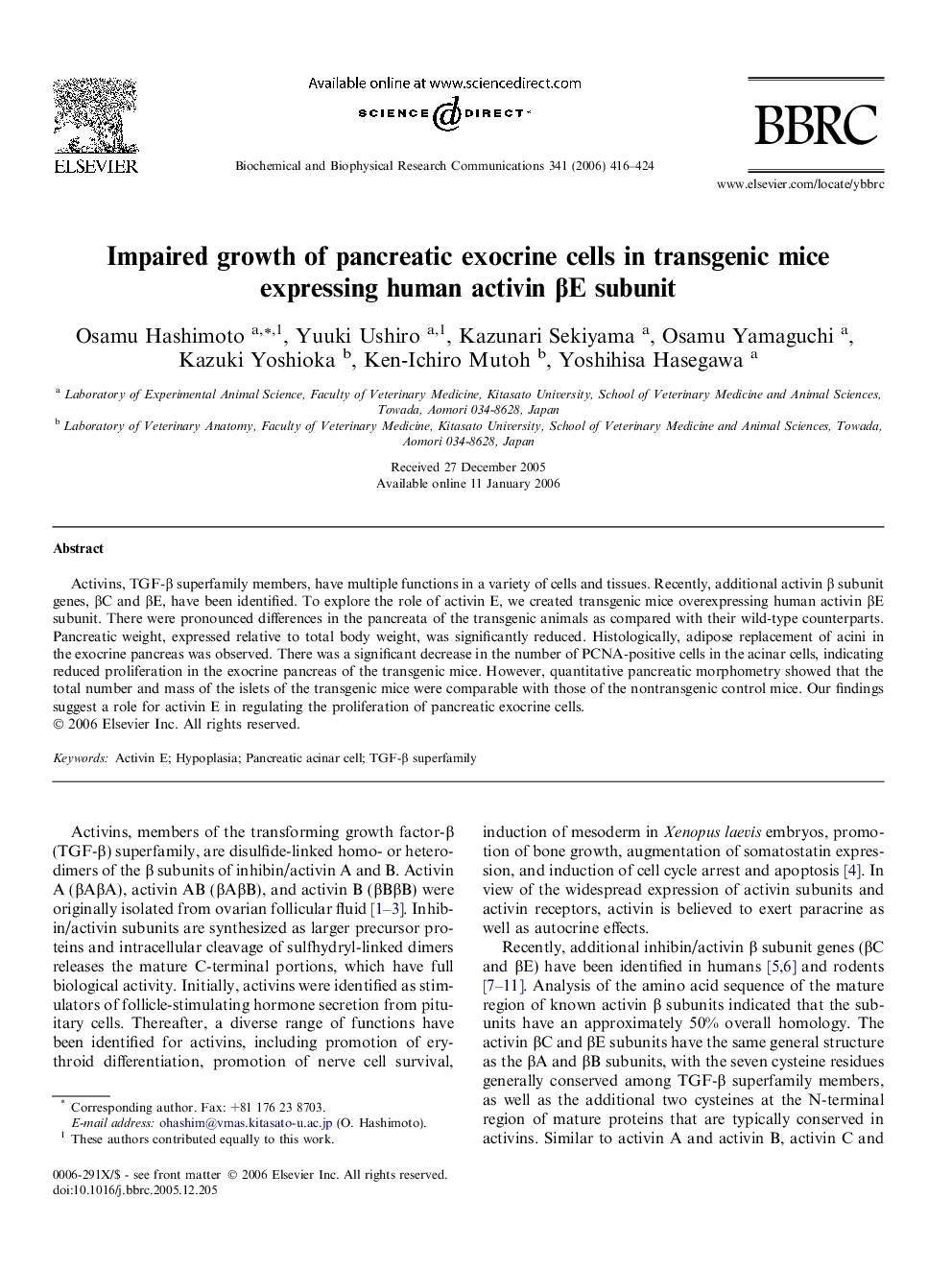 Impaired growth of pancreatic exocrine cells in transgenic mice expressing human activin βE subunit