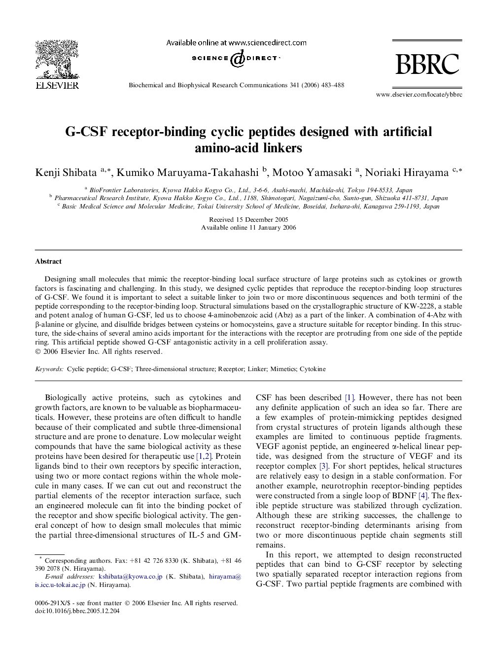 G-CSF receptor-binding cyclic peptides designed with artificial amino-acid linkers