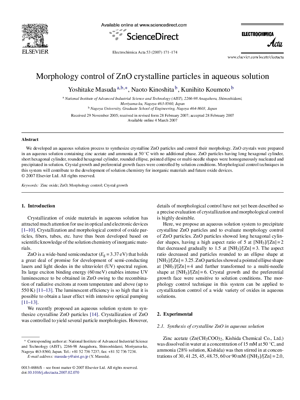 Morphology control of ZnO crystalline particles in aqueous solution