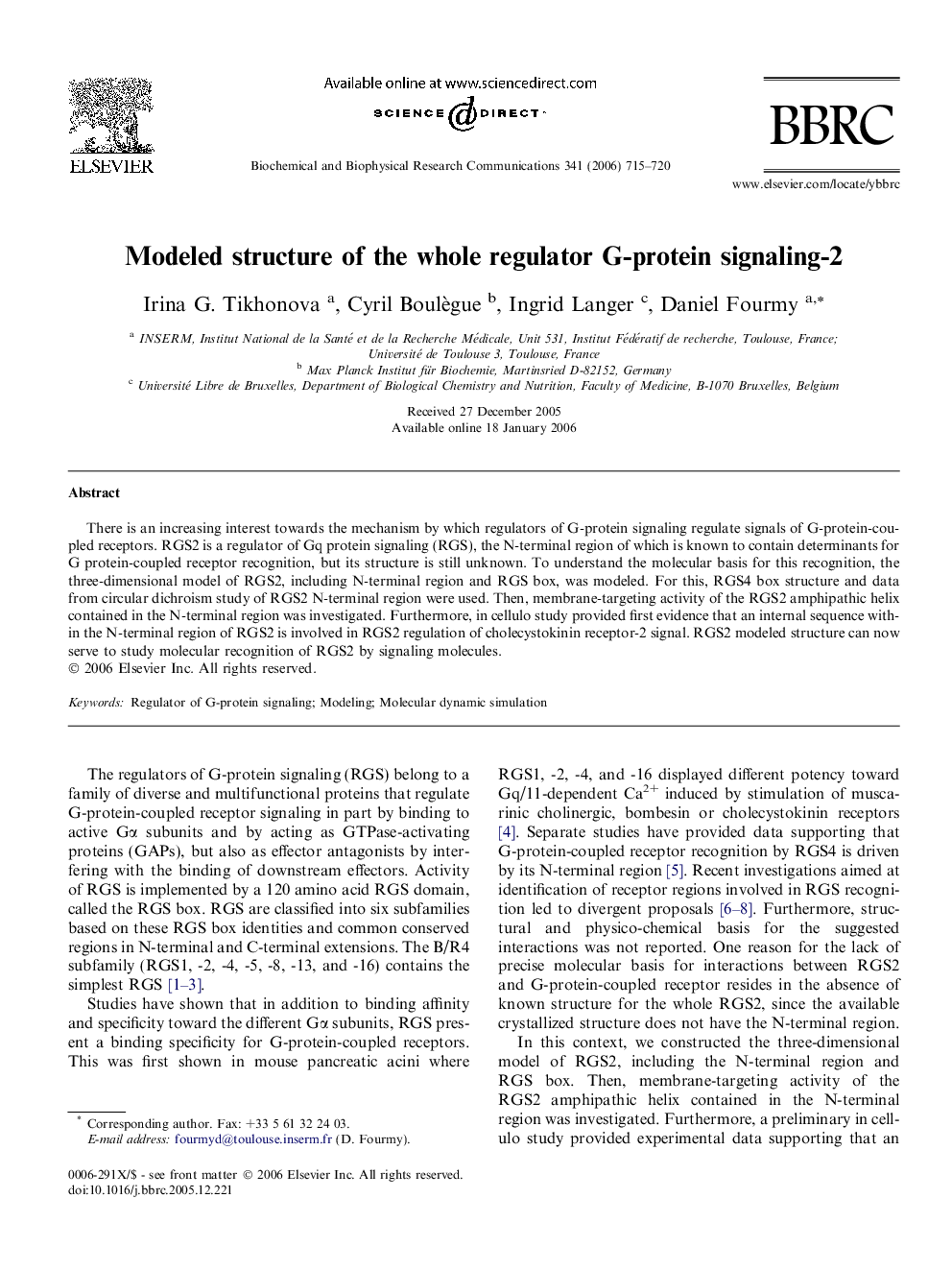 Modeled structure of the whole regulator G-protein signaling-2